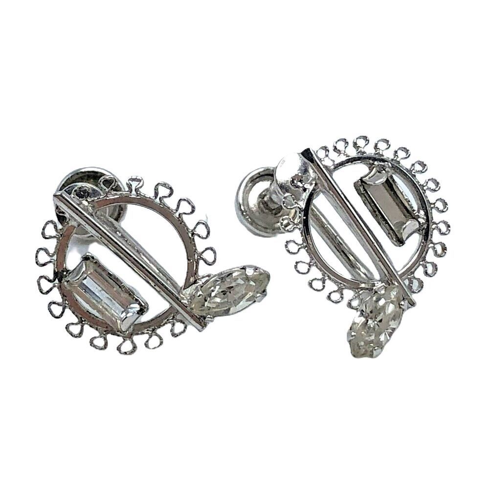 Vintage Earrings Music Note Sterling Silver Rhinestone Clip On Screw Back
